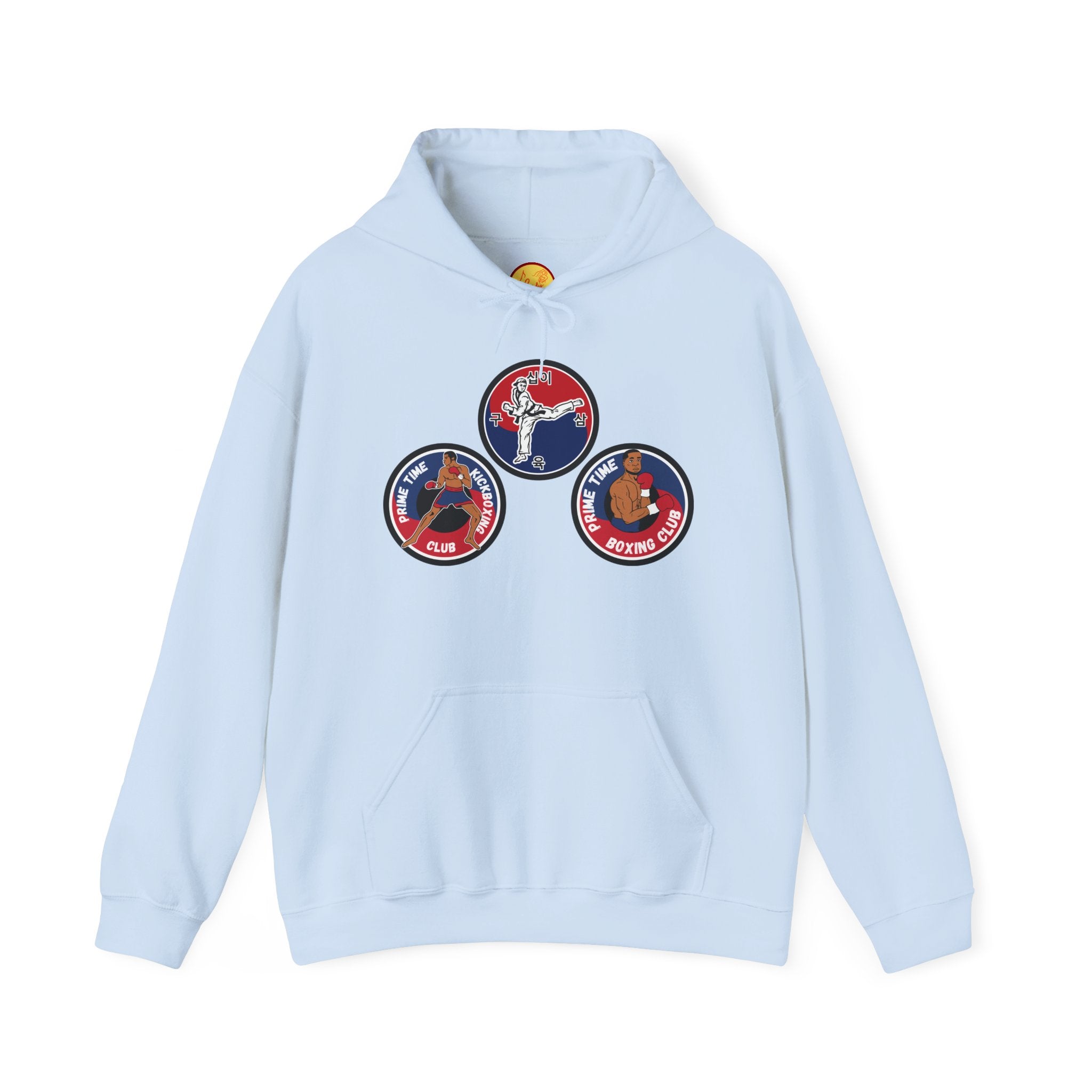 Prime Time Club Triology Hoodie — Retro Basketball Patch Graphic Pullover