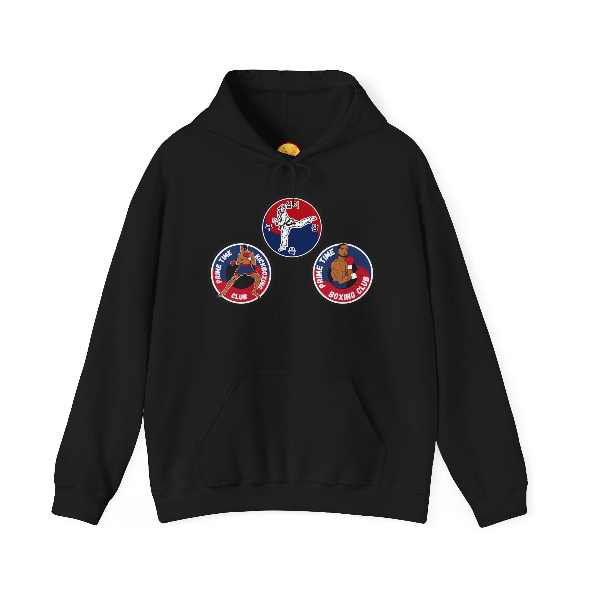 Prime Time Club Triology Hoodie — Retro Basketball Patch Graphic Pullover
