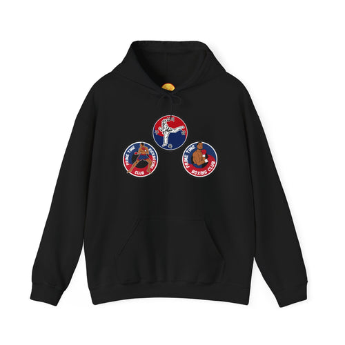 Prime Time Club Triology Hoodie — Retro Basketball Patch Graphic Pullover